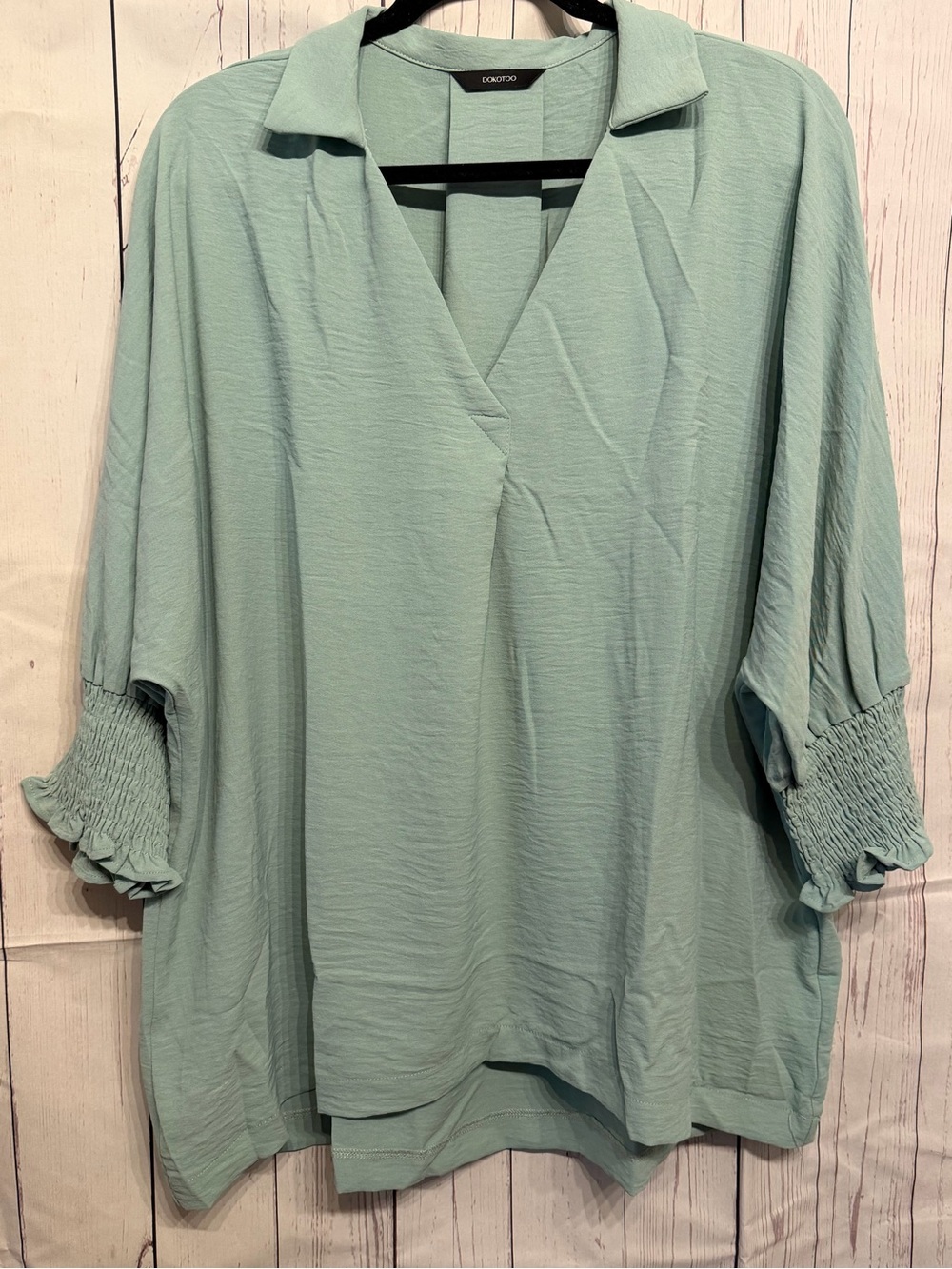 Casual V-Neck Smocked Sleeve Top - Sage Green